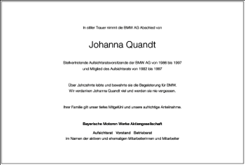 Traueranzeige von Johanna Quandt von Frankfurter Allgemeine Zeitung