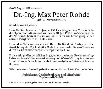 Traueranzeige von Max Peter Rohde von Frankfurter Allgemeine Zeitung