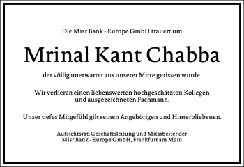 Traueranzeige von Mrinal Kant Chabba von Frankfurter Allgemeine Zeitung