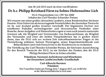 Traueranzeige von P.R. zu Solms-Hohensolms-Lich von Frankfurter Allgemeine Zeitung