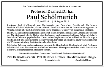 Traueranzeige von Paul Schölmerich von Frankfurter Allgemeine Zeitung