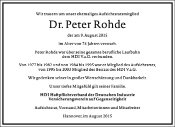 Traueranzeige von Peter Rohde von Frankfurter Allgemeine Zeitung