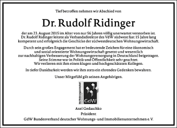 Traueranzeige von Rudolf Ridinger von Frankfurter Allgemeine Zeitung