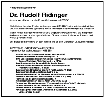 Traueranzeige von Rudolf Ridinger von Frankfurter Allgemeine Zeitung