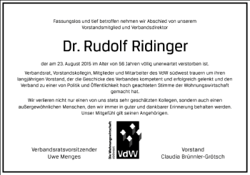 Traueranzeige von Rudolf Riedinger von Frankfurter Allgemeine Zeitung