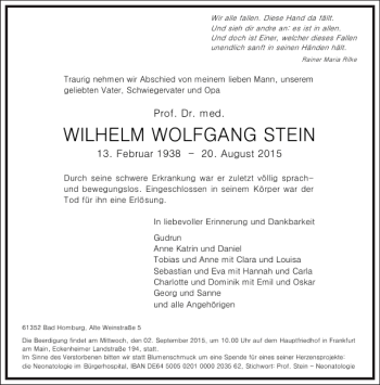 Traueranzeige von Wilhelm Wolfgang Stein von Frankfurter Allgemeine Zeitung