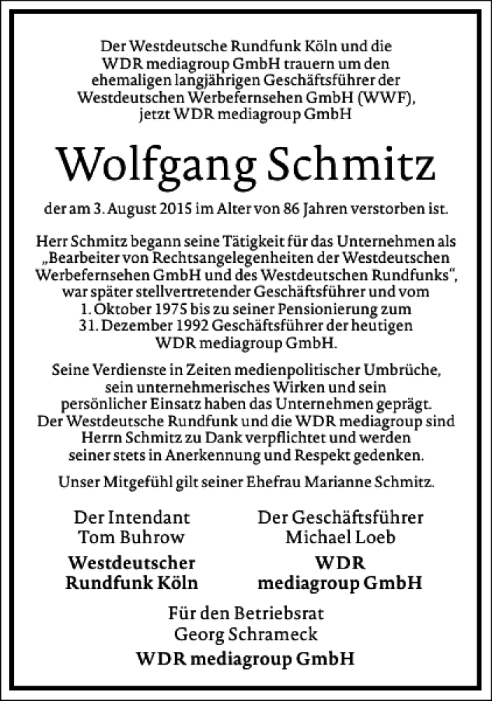  Traueranzeige für Wolfgang Schmitz vom 08.08.2015 aus Frankfurter Allgemeine Zeitung