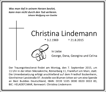 Traueranzeige von Christina Lindemann von Frankfurter Allgemeine Zeitung