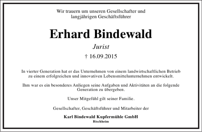  Traueranzeige für Erhard Bindewald vom 18.09.2015 aus Frankfurter Allgemeine Zeitung