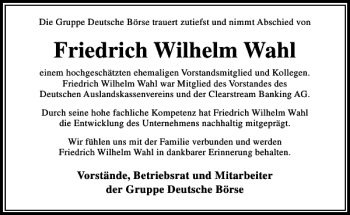 Traueranzeige von Friedrich Wilhelm Wahl von Frankfurter Allgemeine Zeitung