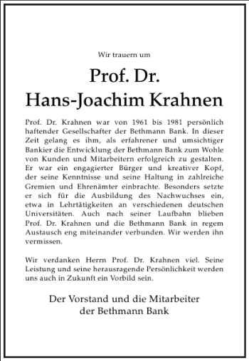 Traueranzeige von Hans-Joachim Krahnen von Frankfurter Allgemeine Zeitung