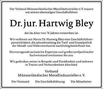 Traueranzeige von Hartwig Bley von Frankfurter Allgemeine Zeitung