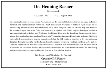 Traueranzeige von Henning Rasner von Frankfurter Allgemeine Zeitung