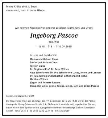 Traueranzeige von Ingeborg Pascoe von Frankfurter Allgemeine Zeitung