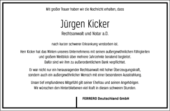 Traueranzeige von Jürgen Kicker von Frankfurter Allgemeine Zeitung