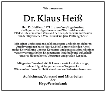 Traueranzeige von Klaus Heiß von Frankfurter Allgemeine Zeitung