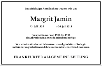 Traueranzeige von Margrit Jamin von Frankfurter Allgemeine Zeitung