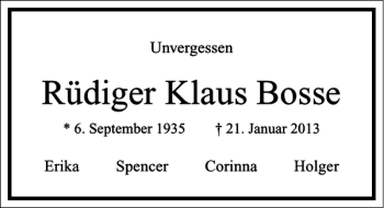 Traueranzeige von Rüdiger Klaus Bosse von Frankfurter Allgemeine Zeitung