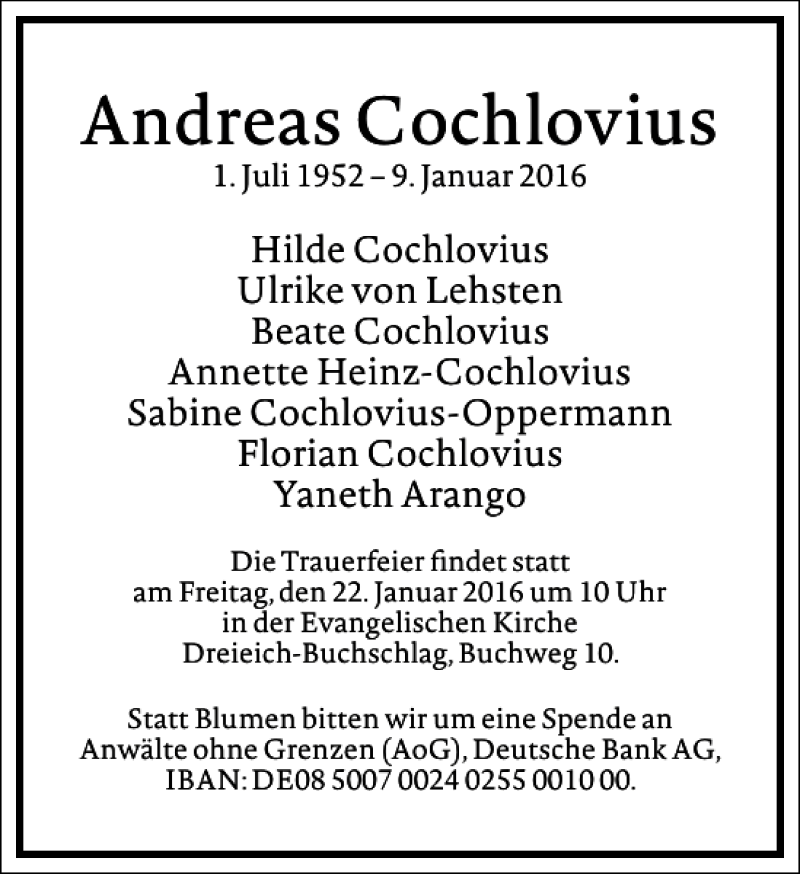  Traueranzeige für Andreas Cochlovius vom 16.01.2016 aus Frankfurter Allgemeine Zeitung
