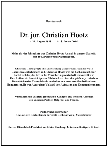 Traueranzeige von Christian Hootz von Frankfurter Allgemeine Zeitung