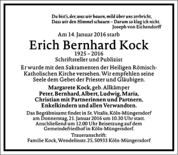 Traueranzeige von Erich Bernhard Kock von Frankfurter Allgemeine Zeitung