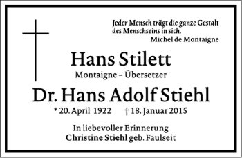 Traueranzeige von Hans Adolf Stiehl von Frankfurter Allgemeine Zeitung