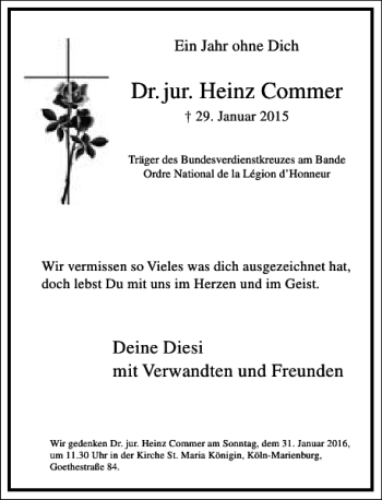 Traueranzeige von Heinz Commer von Frankfurter Allgemeine Zeitung