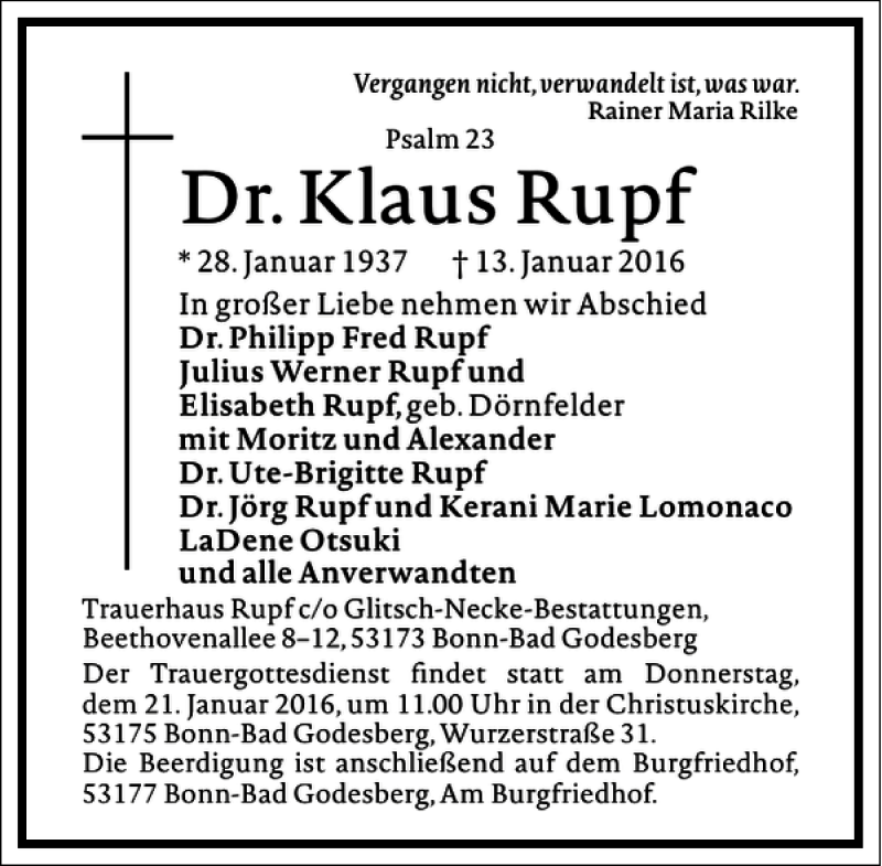  Traueranzeige für Klaus Rupf vom 16.01.2016 aus Frankfurter Allgemeine Zeitung