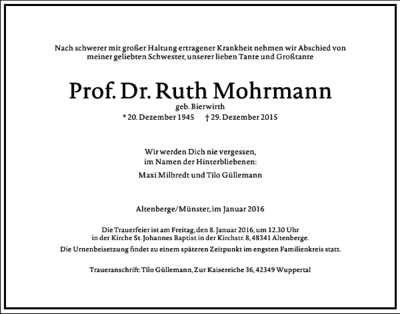  Traueranzeige für Ruth Mohrmann vom 02.01.2016 aus Frankfurter Allgemeine Zeitung