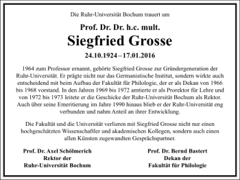 Traueranzeige von Siegfried Grossse von Frankfurter Allgemeine Zeitung