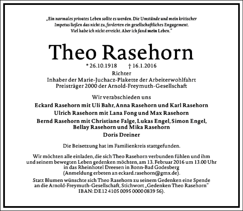  Traueranzeige für Theo Rasehorn vom 23.01.2016 aus Frankfurter Allgemeine Zeitung