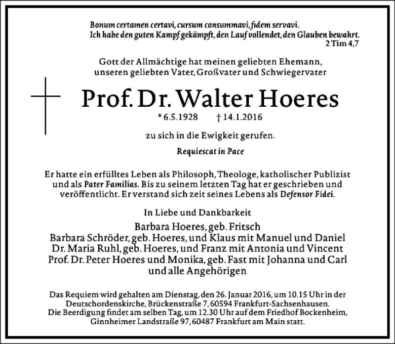  Traueranzeige für Walter Hoeres vom 21.01.2016 aus Frankfurter Allgemeine Zeitung