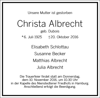 Traueranzeige von Christa Albrecht von Frankfurter Allgemeine Zeitung