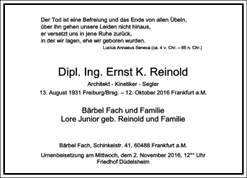 Traueranzeige von Dipl. Ing. Ernst K. Reinold von Frankfurter Allgemeine Zeitung