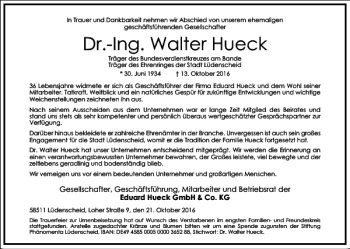 Traueranzeige von Dr.-Ing. Walter Hueck von Frankfurter Allgemeine Zeitung