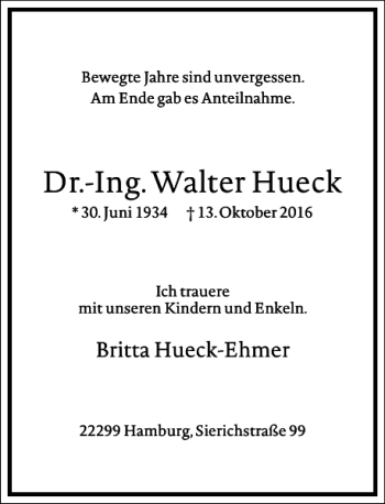 Traueranzeige von Dr.-Ing.Walter Hueck von Frankfurter Allgemeine Zeitung