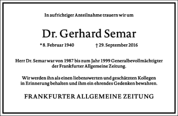 Traueranzeige von Dr. Gerhard Semar von Frankfurter Allgemeine Zeitung