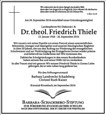 Traueranzeige von Friedrich Thiele von Frankfurter Allgemeine Zeitung