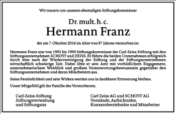 Traueranzeige von Hermann Franz von Frankfurter Allgemeine Zeitung