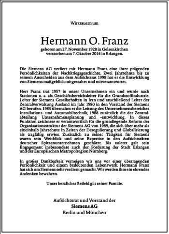 Traueranzeige von Hermann O.Franz von Frankfurter Allgemeine Zeitung