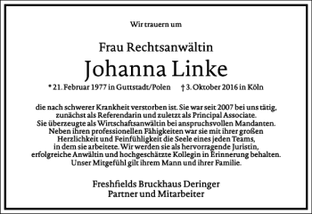 Traueranzeige von Johanna Linke von Frankfurter Allgemeine Zeitung