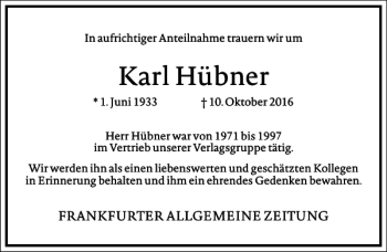 Traueranzeige von Karl Hübner von Frankfurter Allgemeine Zeitung