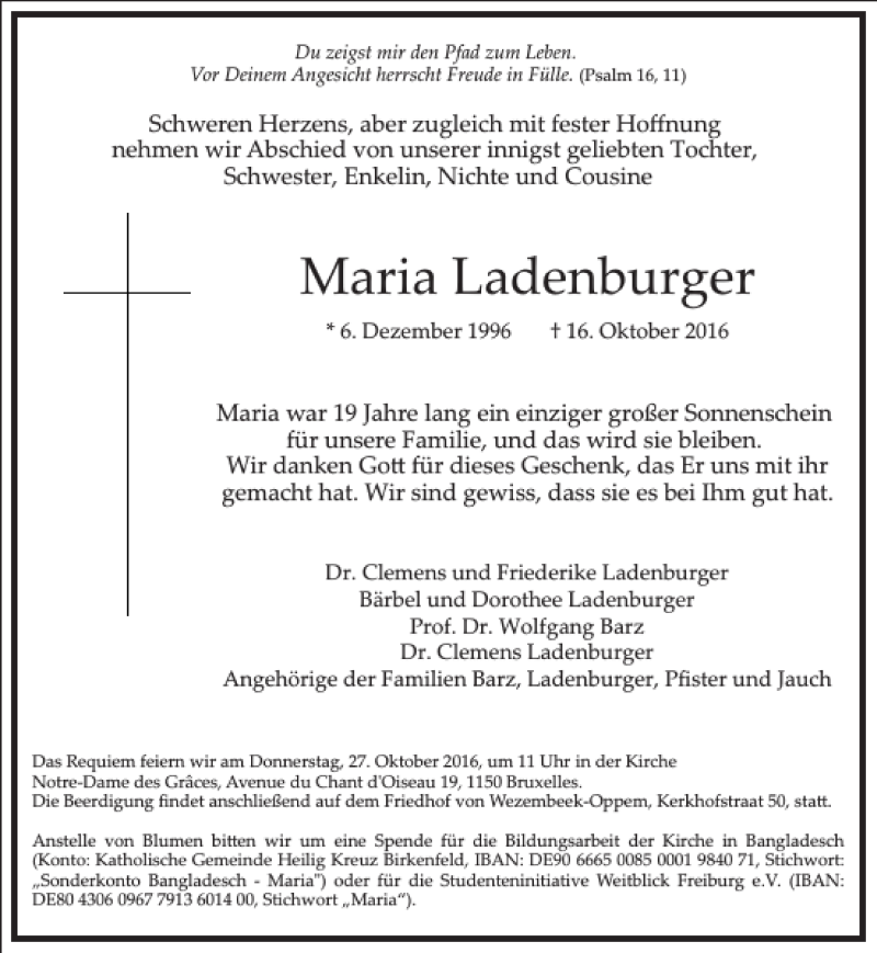  Traueranzeige für Maria Ladenburger vom 26.10.2016 aus Frankfurter Allgemeine Zeitung