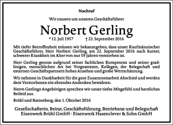 Traueranzeige von Norbert Gerling von Frankfurter Allgemeine Zeitung