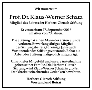 Traueranzeige von Prof.Dr.Klaus-Werner Schatz von Frankfurter Allgemeine Zeitung