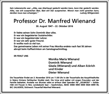 Traueranzeige von Professor Dr. Manfred Wienand von Frankfurter Allgemeine Zeitung