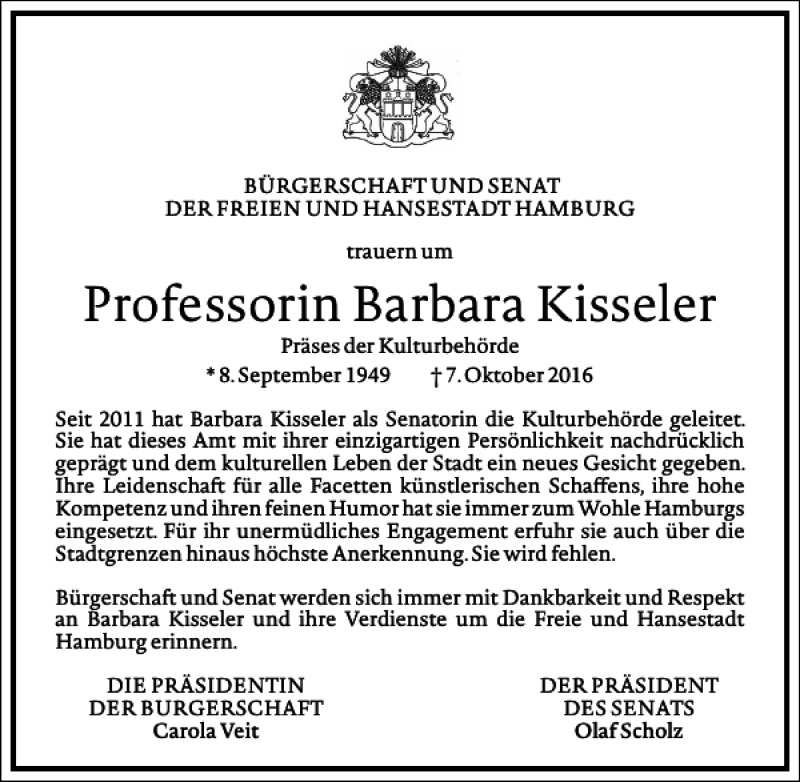  Traueranzeige für Professorin Barbara Kisseler vom 15.10.2016 aus Frankfurter Allgemeine Zeitung