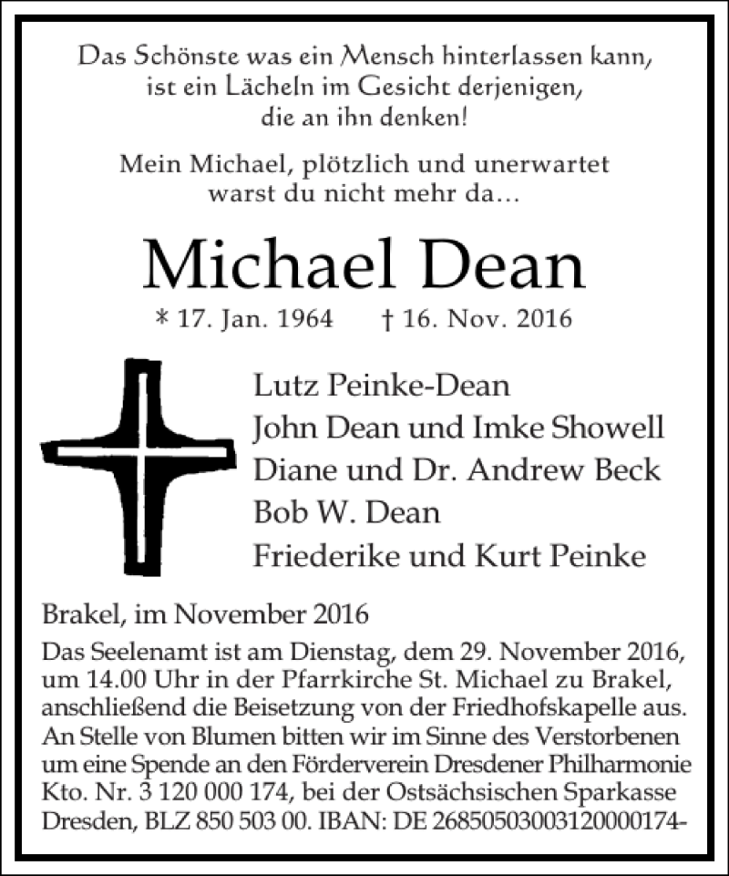  Traueranzeige für Michael Dean vom 26.11.2016 aus Frankfurter Allgemeine Zeitung