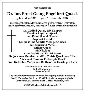 Traueranzeige von Dr. Jur. Ernst Georg Engelbert Quack  von Frankfurter Allgemeine Zeitung