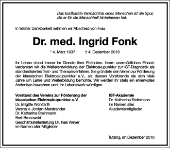 Traueranzeige von Dr. Med. Ingrid Fonk von Frankfurter Allgemeine Zeitung